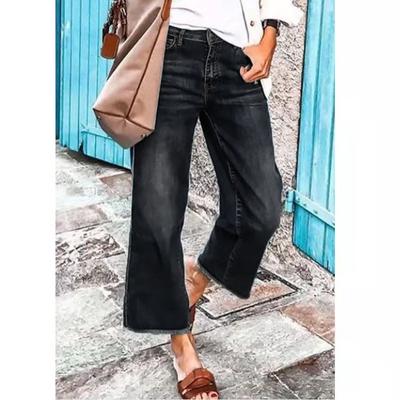 European And American Women'S Jeans Temperament Commuting Straight Leg Pants Cotton Mid Waist Black Washed Denim
