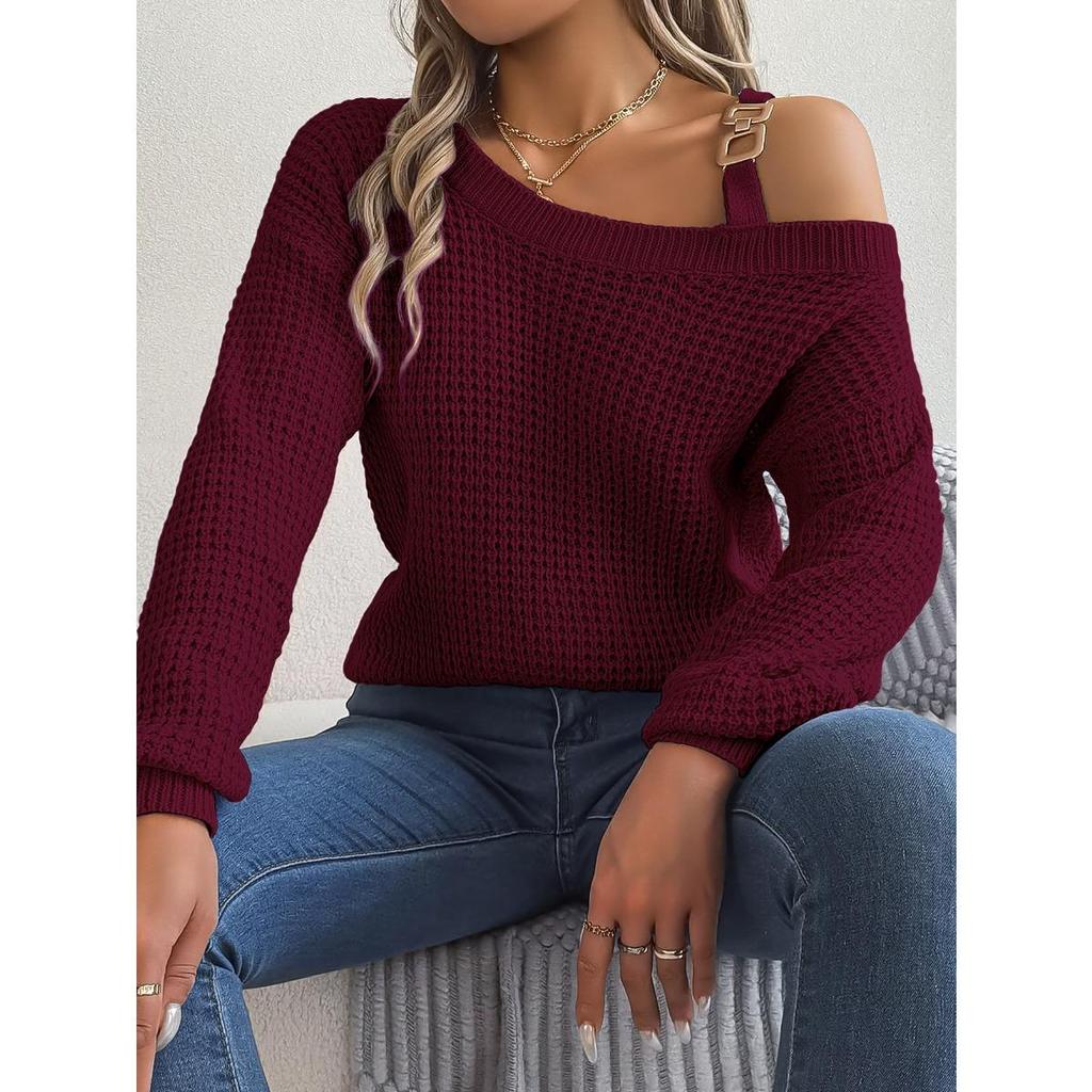 Automne et Hiver, Pour Femmes, Maille Décontractée, Boutons Métalliques, Épaule Dégagée, Manches Lanterne, Pull à Enfiler, Vêtements pour Femmes