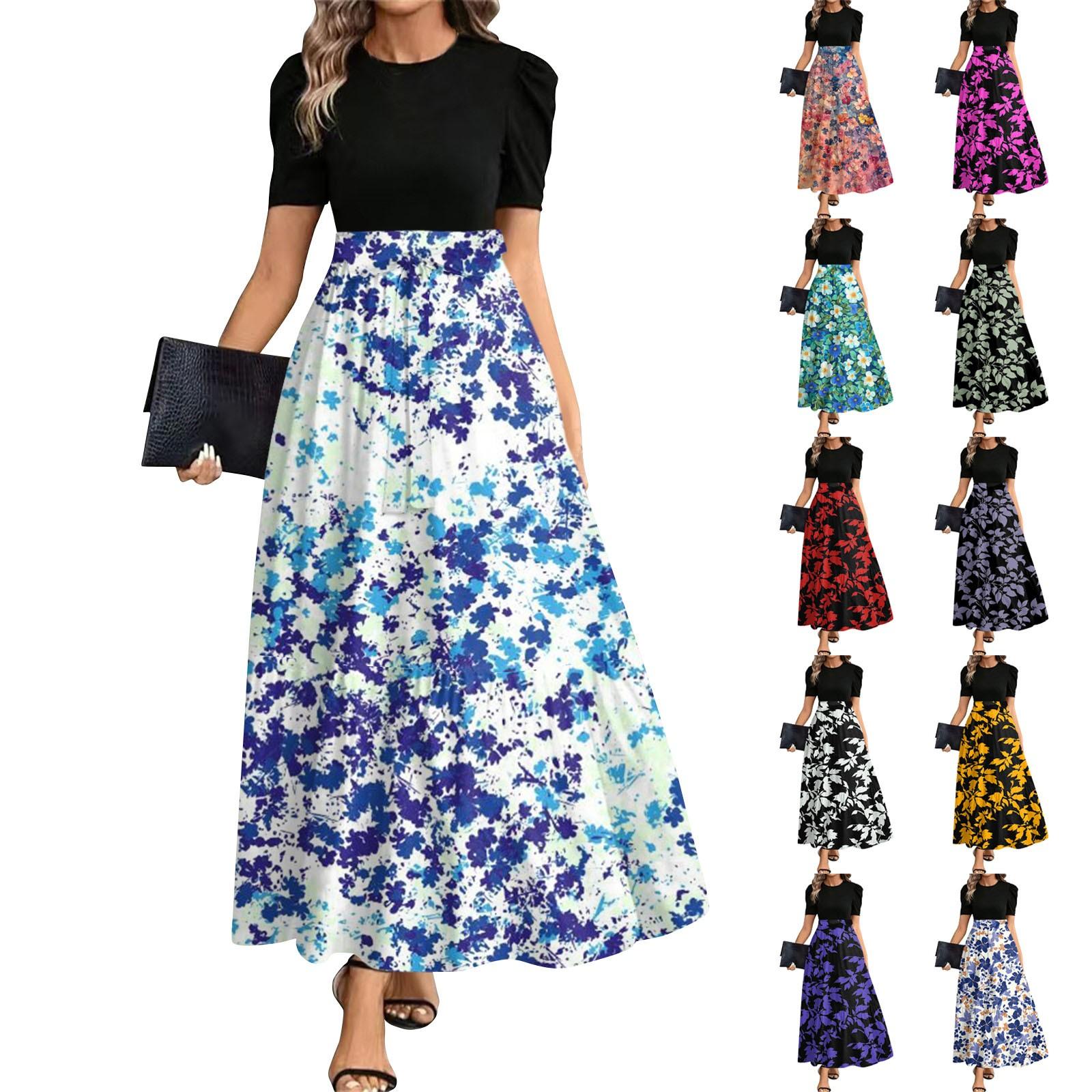 

Women s Fashionable Casual Belt Short Sleeved Round Neck Print Elegant Temperament Dress XXL фіолетовий