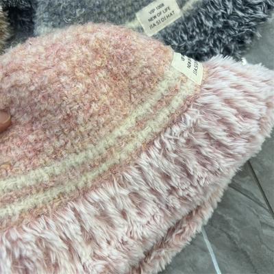 New Plush Splicing Knitted Basin Hat Women's Autumn and Winter Warm Ear Protection Against Wind and Cold Fisherman Hat Shows Small Face