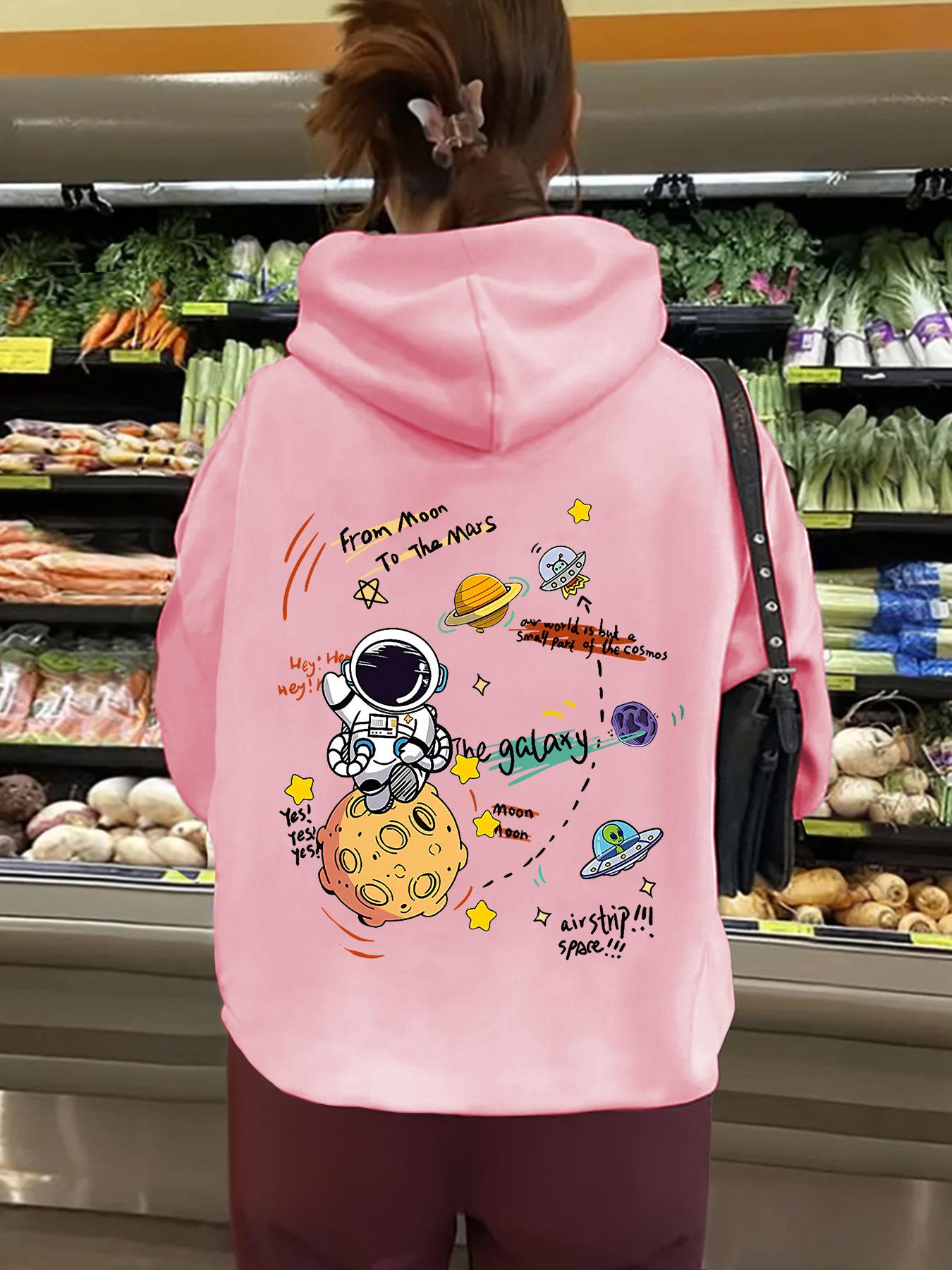 Женская европейская и американская космическая принтовая толстовка с капюшоном из бархата с карманом-кенгуру M розовый 2198₽
