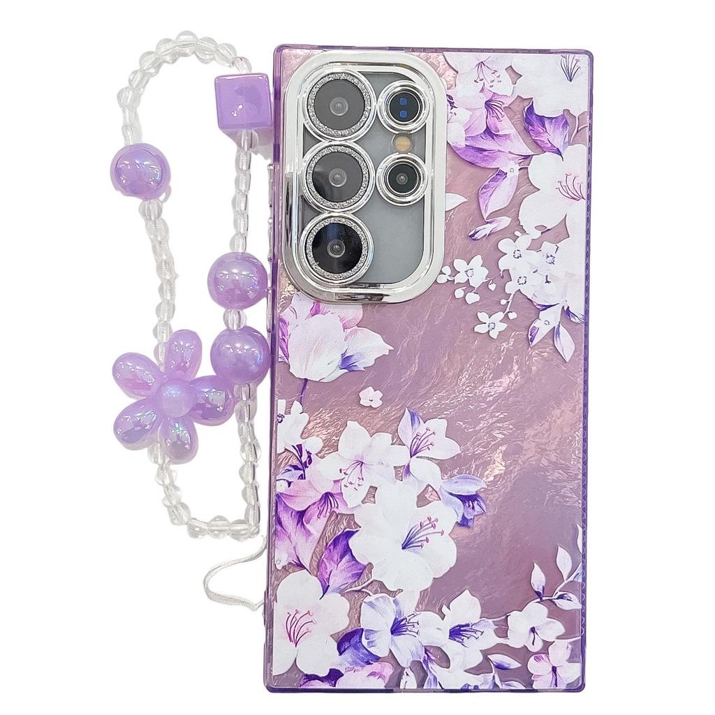 Samsung S25 Ultra Floral & Grass Lens Film Case - Full Coverage for S24 & A56, with Bracelet-style Protective Case