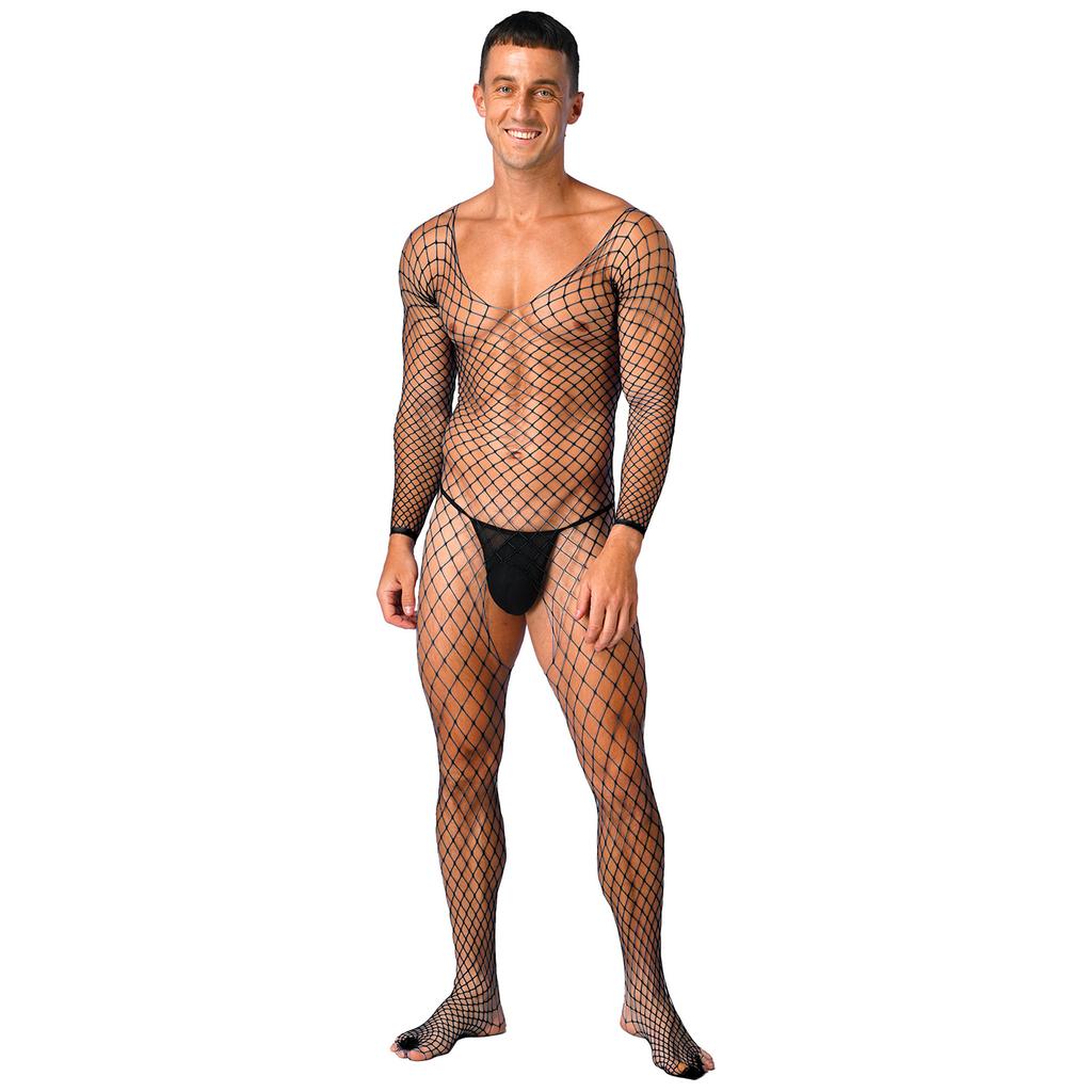 Mens Sheer Fishnet Bodysuit V Neck Long Sleeve Mesh Lingerie Sleepwear