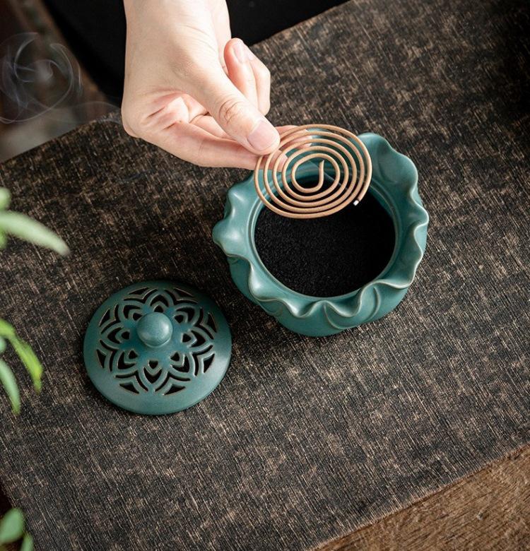 Zen Lotus Ceramic Incense Burner - Antique Sandalwood Coil for Indoor Use