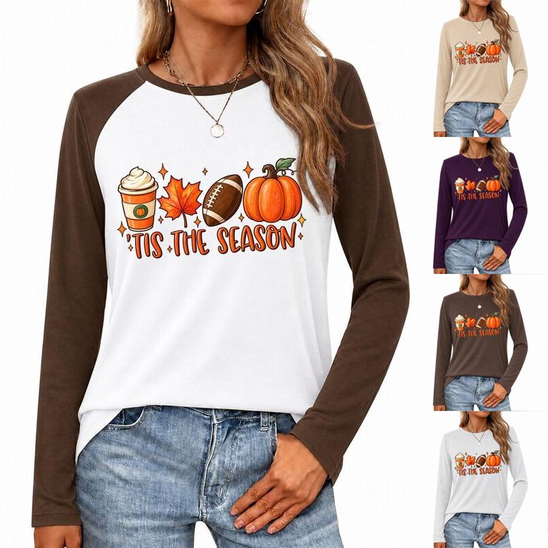 Women's Tis The Season Long Sleeve T-Shirt Pumpkin Spice Coffee Football Maple Leaf Fall Graphic Tee Thanksgiving Tshirts