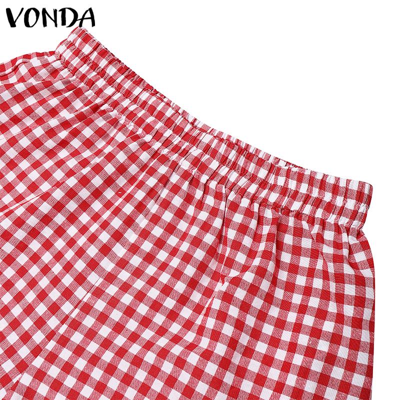 VONDA Damen Sets Kurzarm Schleifenknoten Karomuster Oberteile und Shorts mit elastischer Taille Outfits