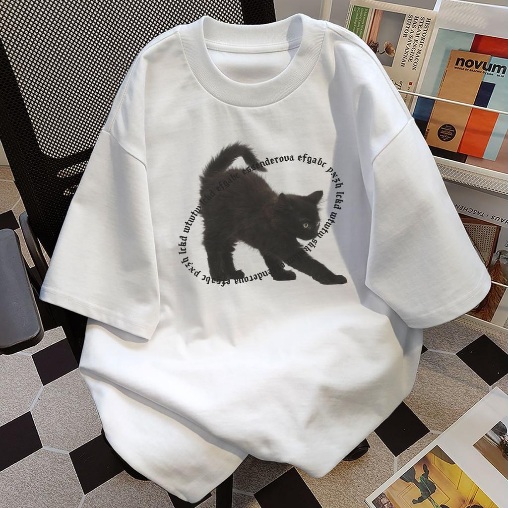 Summer Unisexs Letter Black Cat Print Loose Couple White Round Neck Short Sleeved Neutral 100 Pure Cotton Soft Breathable Tshirt