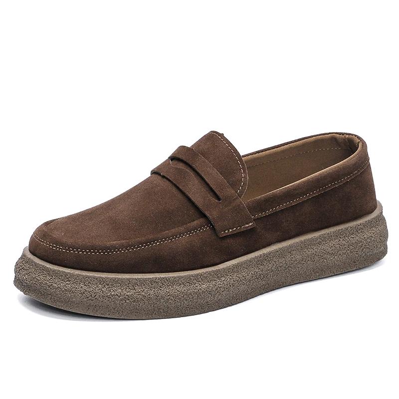 Retro Brown Men's Casual Shoes Suede Leather Loafers Man Comfortable Platform Driving Shoes Men Moccasins
