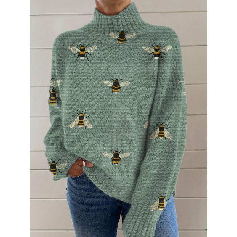 Womens Christmas Print High Neck Sweater Loose Fit Casual Long Sleeve Top