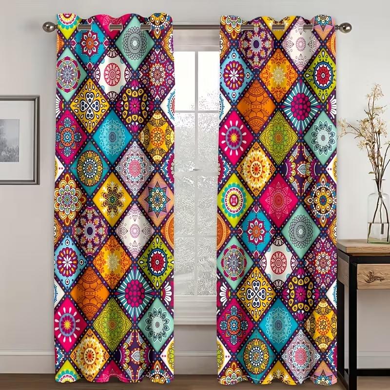 2 Pcs Colored Geometric Blocks Print Curtains,suitable for Bedroom,living Room Kitchen Decoration,home Decoration,window Decor