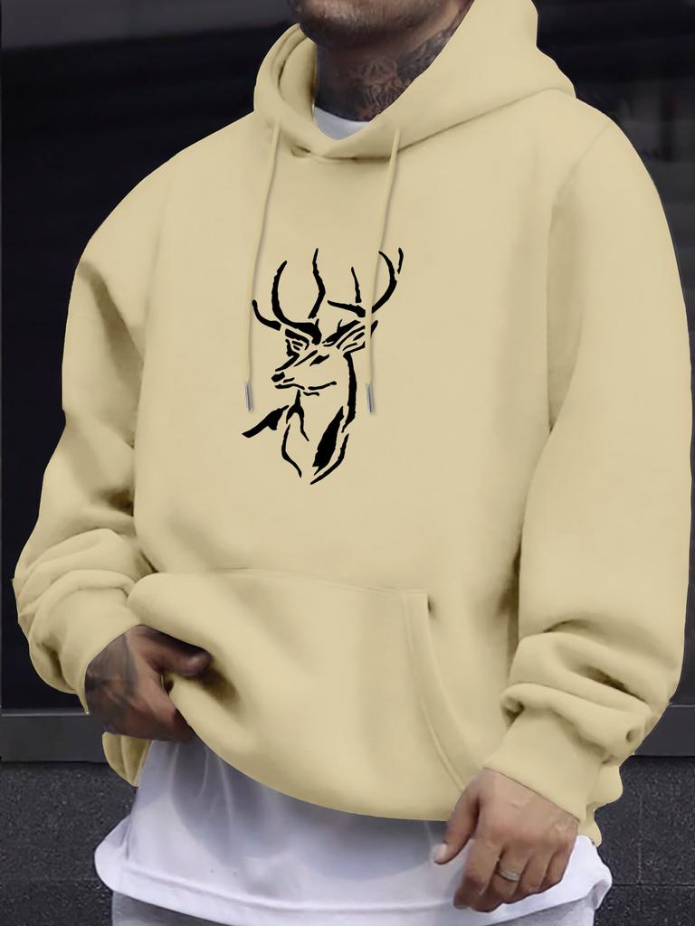 Men's autumn/winter hooded sweatshirt, deer head print casual long-sleeved pullover, simple, stylish and trendy top.