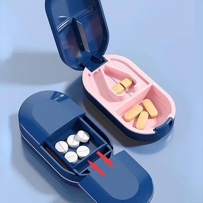 Tagliapillole con scatola di immagazzinaggio invisibile portatile 2 in 1 mini organizzatore antipolvere per compresse di farmaci e medicinali