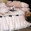 Romantic Lace Princess Black Bow Bedding Set Pink Korean Style Duvet/Comforter Cover Set Bed Sheet/Fitted Sheet Pillowcases 4Pcs