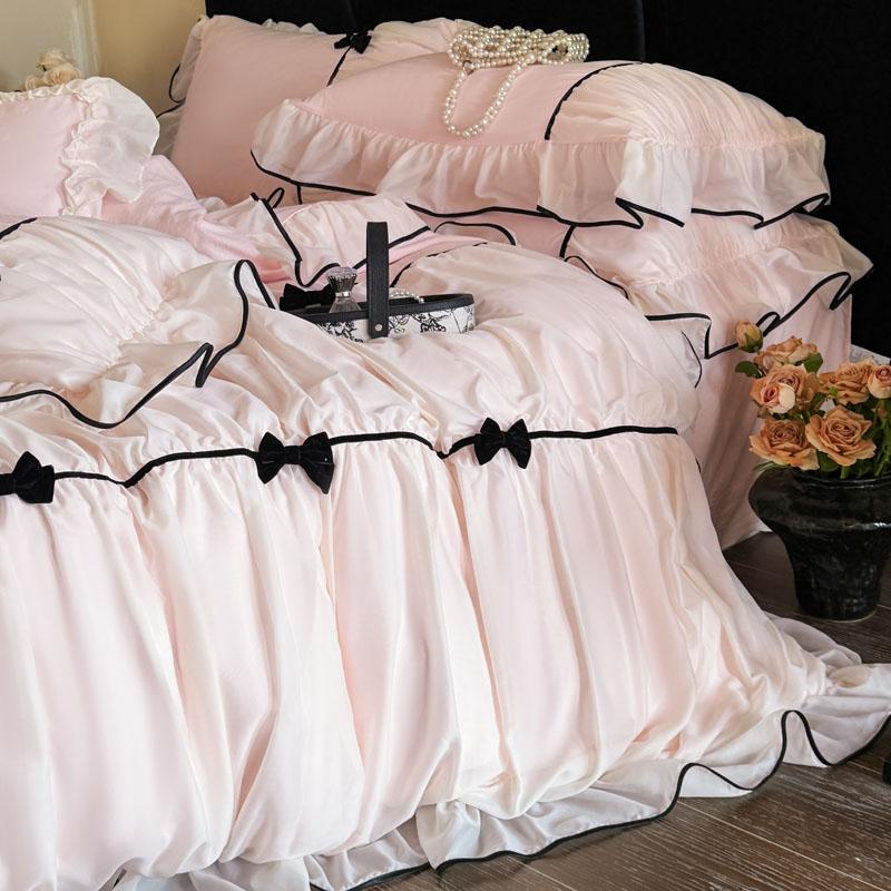 Romantic Lace Princess Black Bow Bedding Set Pink Korean Style Duvet/Comforter Cover Set Bed Sheet/Fitted Sheet Pillowcases 4Pcs