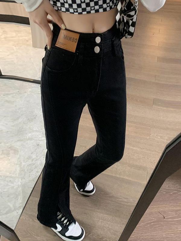 Plus Size High-Waisted Split Denim Flare Jeans for Women - Retro, Slimming, Floor-Length, Spring and Autumn Collection