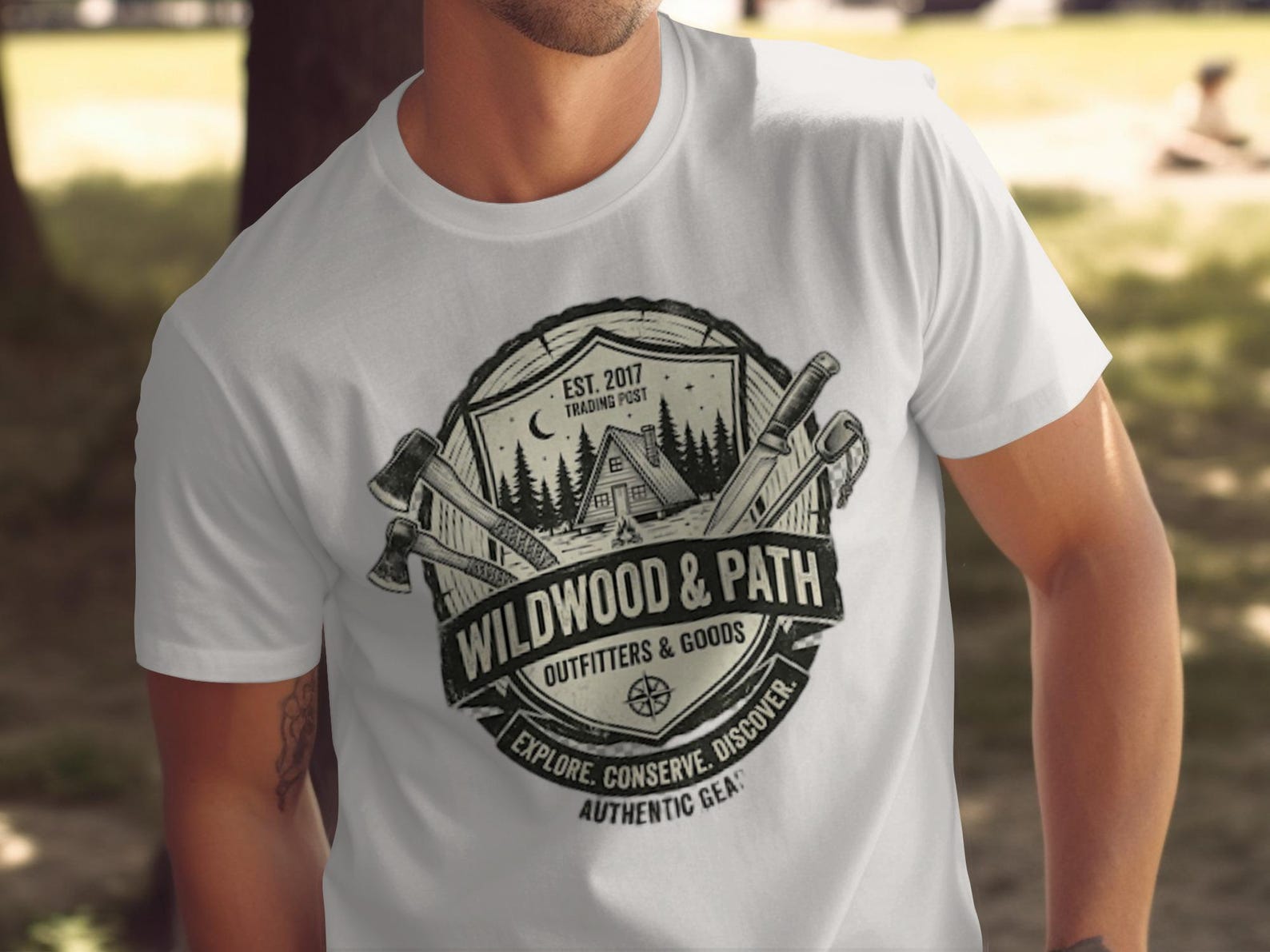Wildwood Path Outfitters Logo, Rustic Cabin Forest Adventure, Explore Conserve Discover Authentic Gear S