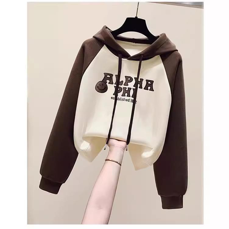 Bauchfreies Kapuzensweatshirt Damen Neu Frühling und Herbst Koreanische Version Locker Mode Druck Kontrastierend Nische Lässig Top