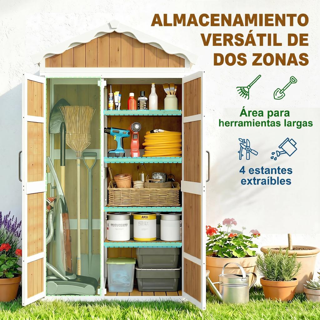Wooden Garden Shed 105x55x179 Cm Tool Cabinet With 4 Shelves Galvanized Metal Roof Natural