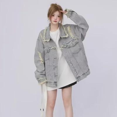 Women's Raw Edge Distressed Denim Jacket: Casual, Versatile, Loose-Fit for Spring and Autumn