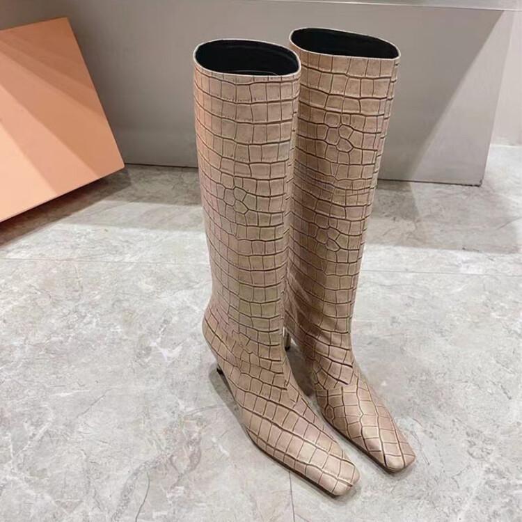 Fashion Stone Pattern Cowhide Black Apricot Knee High Boots Women Autumn Winter Low Heels Square Toe Long Boots Retro Size 34-44 Shoes