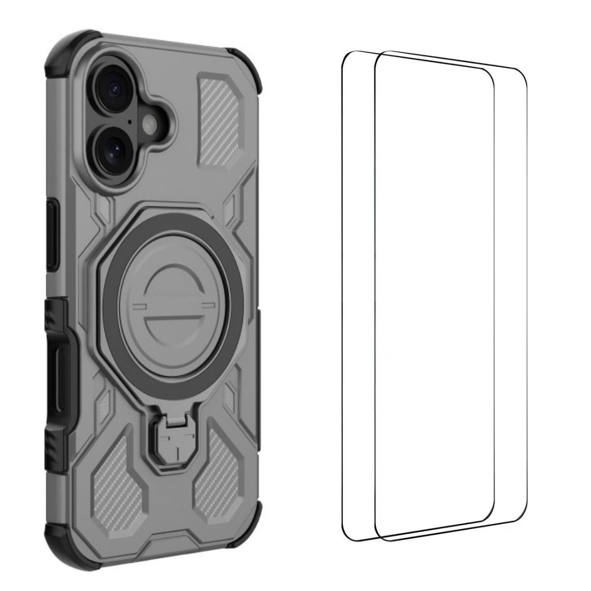 

For iPhone 16 Case Kickstand with 2Pcs Screen Film WANLONFENG KJ Series PC TPU Phone Cover (Big Lens Hole) Grey