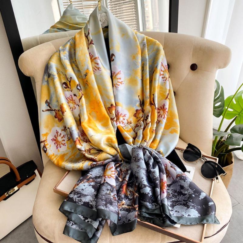 New Lijin Forged Long Scarf Cashew Feather Printed Silk Scarf Fashion Ladies Satin Outer Shawl