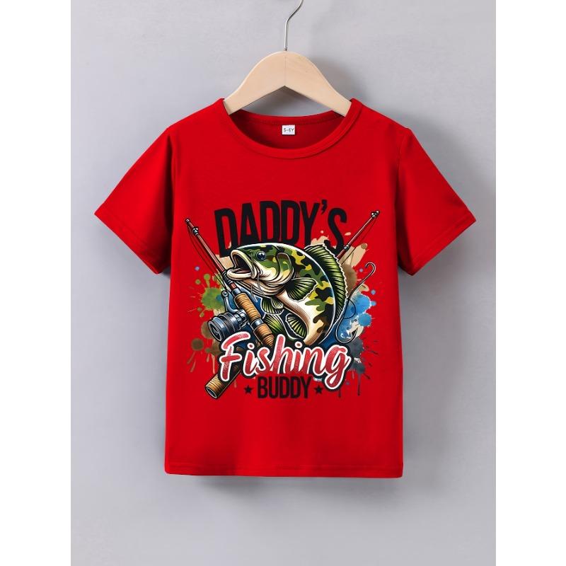European sizes Boys' Summer Short Sleeve "Dad's Fishing Buddy" Fishing Print T-Shirt
