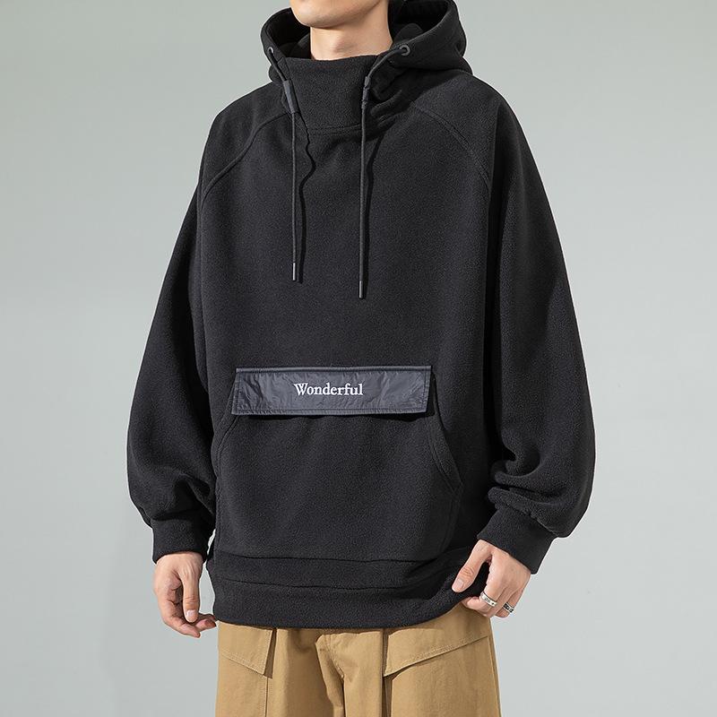 

Толстовка с капюшоном из флиса для мужчин, осень и зима, новая повседневная куртка для отдыха в японском стиле с однотонным карманом для пары 3XL чёрный