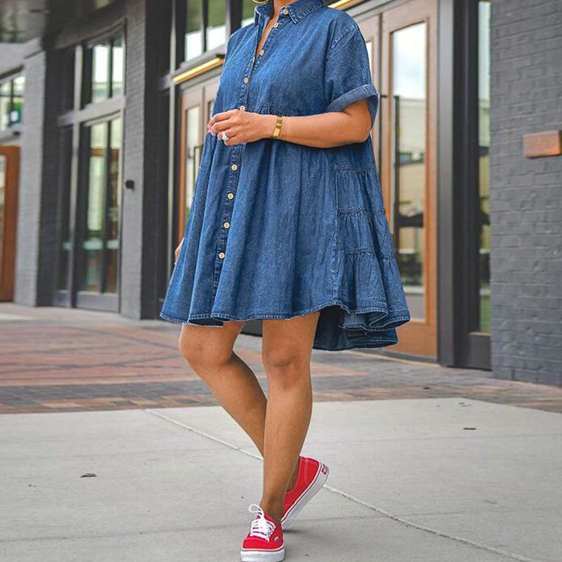 Robe en denim élastique grande taille à manches bouffantes