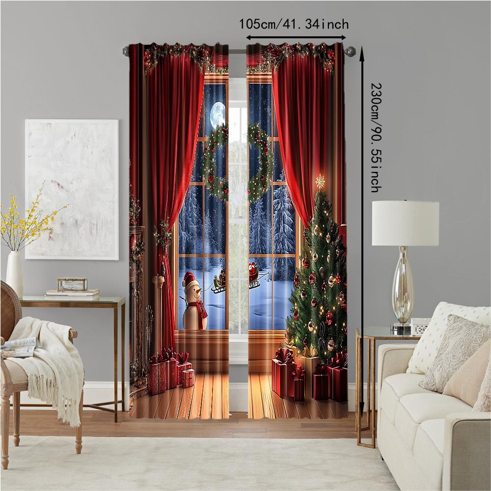 2Pcs Christmas Tree Design Window Curtains Polyester Material Drapes For Bedroom Living Room Office Rod Pocket Machine Washable