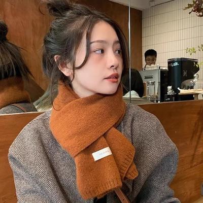 Girl's Whitening Neck Wrap Korean Style Versatile Solid Color Knitted Wool Scarf Labeled Warm Thick