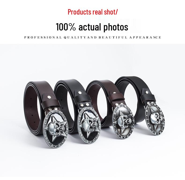 Lotte Jinsen Retro Leather Skull & Star Youth Belt, Trendy Fashion Cowhide Waistband
