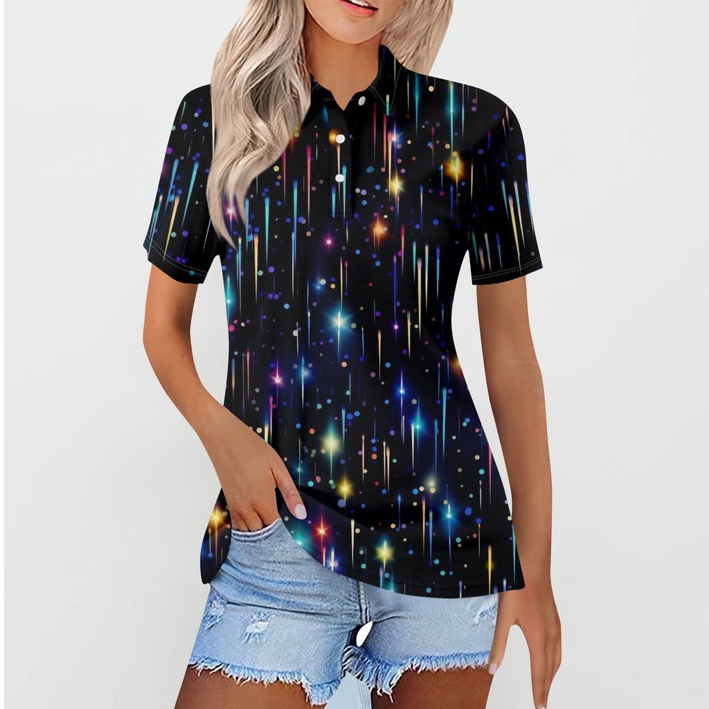 Women's Casual Floral Print V-Neck Short Sleeve Decorative Button T-Shirt Top