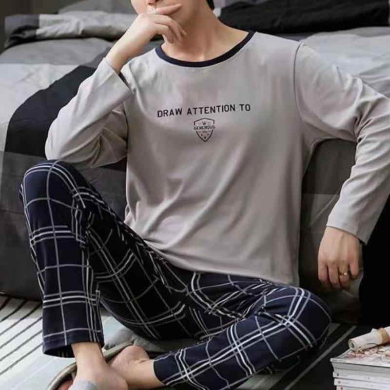 2 Teile/satz Männer Pyjamas Set Herbst Oansatz Langarm Plaid Brief Drucken Tops Elastische