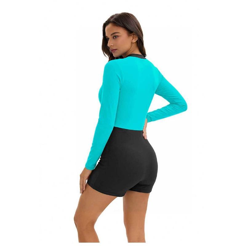 Women Color Block Long Sleeve Sun Protection One Piece Conservative Swimsuit