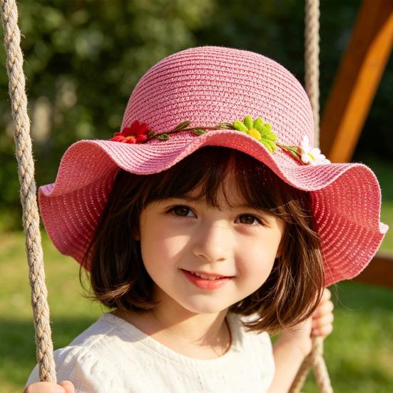 Children Sun Hat Wide Brim UV Protection Straw Hat with 3D
