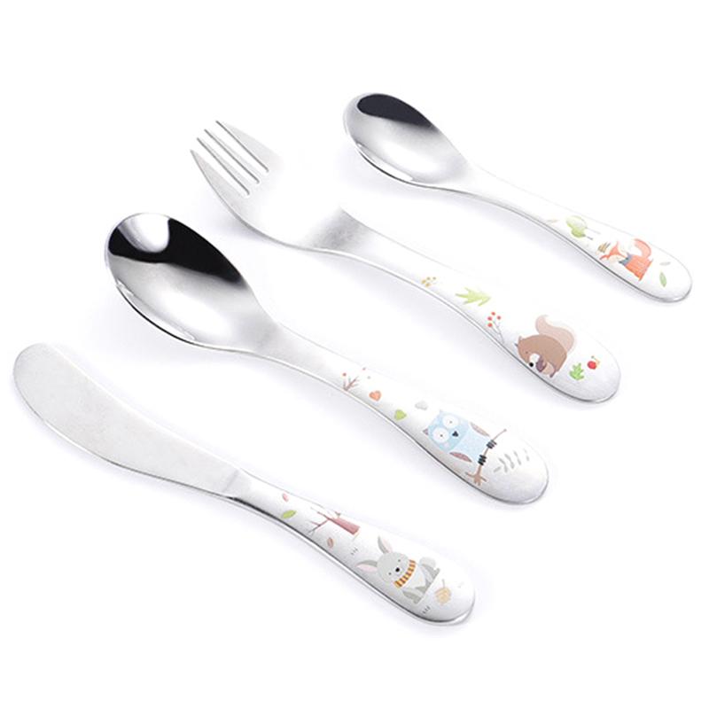 1/4 piezas Cubiertos de Acero Inoxidable para Niños Patrón de Dibujos Animados Tallado Vajilla Infantil Lindo Juego de Cuchara y Tenedor Cubiertos para Bebé Alimentación