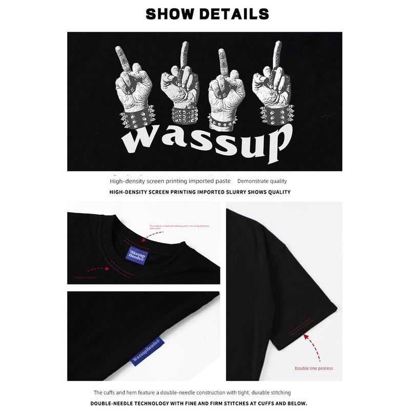 Wassup Heods Retro Trendy Brand Couple T-Shirt Summer New Product American Casual Heavyweight Round Neck Short Sleeve for Men and Women