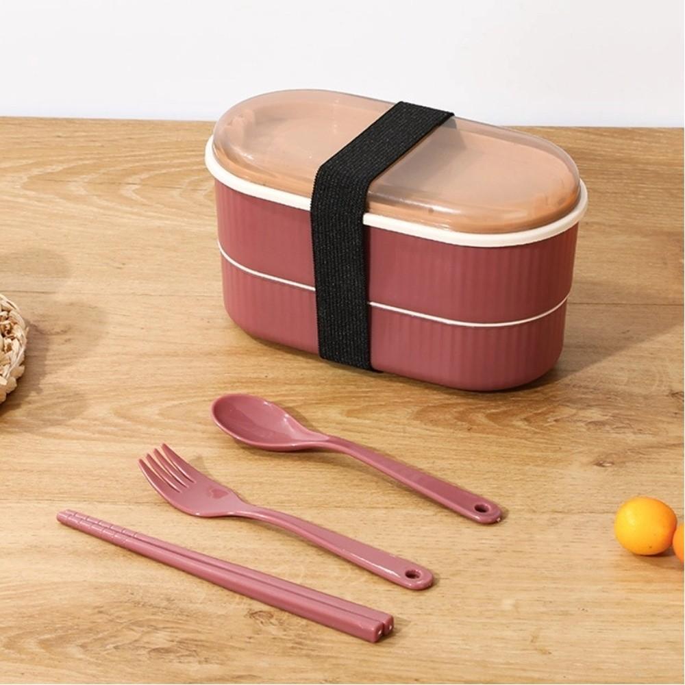 Portable Double Layer Lunch Box with Fork and Spoon Microwave Food Storage Boxes Leakproof High Capacity Dinnerware Set