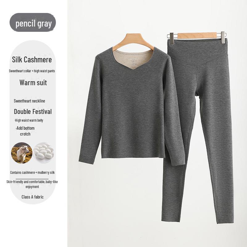 Peach Heart Collar Cashmere Silk Thermal Underwear Set – Women's High Waist Autumn/Winter Clothes and Pants