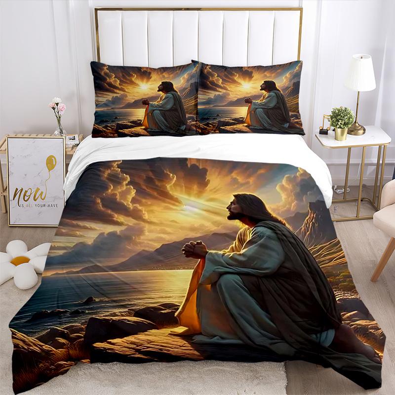 3pcs Anime Jesus Prayer Sunset Scene Comforter Set with 1 Comforter and 2 Pillowcases (No Core) - Home Decor, Holiday Gift, Polyester Fabric, Anime Ca