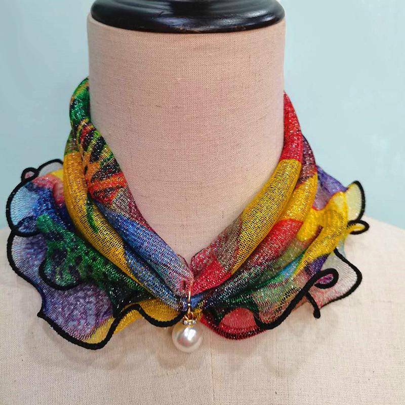 Fake Pearl Pendant Organza Neck Collar Chiffon Scarves Lace Pearls Scarf Fashion Print Shiny Variety Scarf Clothing Accessories