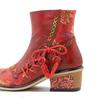Johnature Vintage Rote Schuhe Handgefertigte kurze Damenstiefel aus echtem Leder mit Splice-Print zum Schnüren