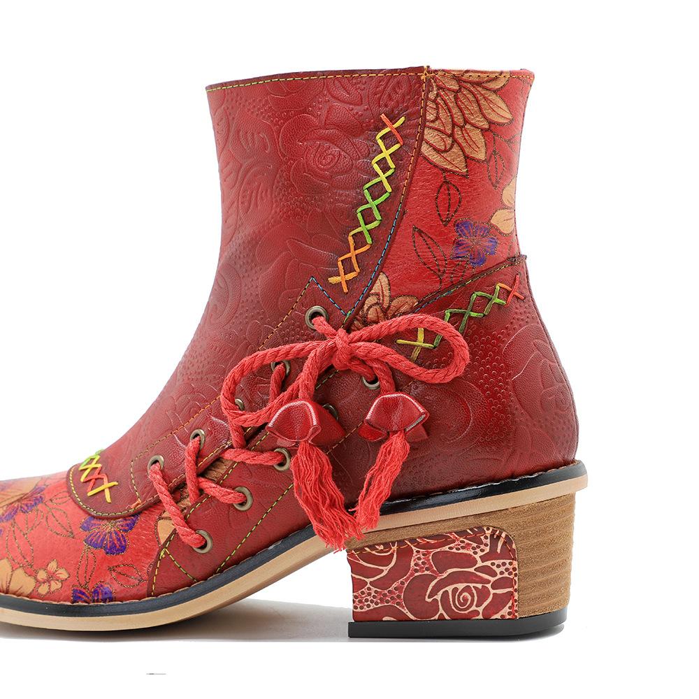 Johnature Vintage Rote Schuhe Handgefertigte kurze Damenstiefel aus echtem Leder mit Splice-Print zum Schnüren