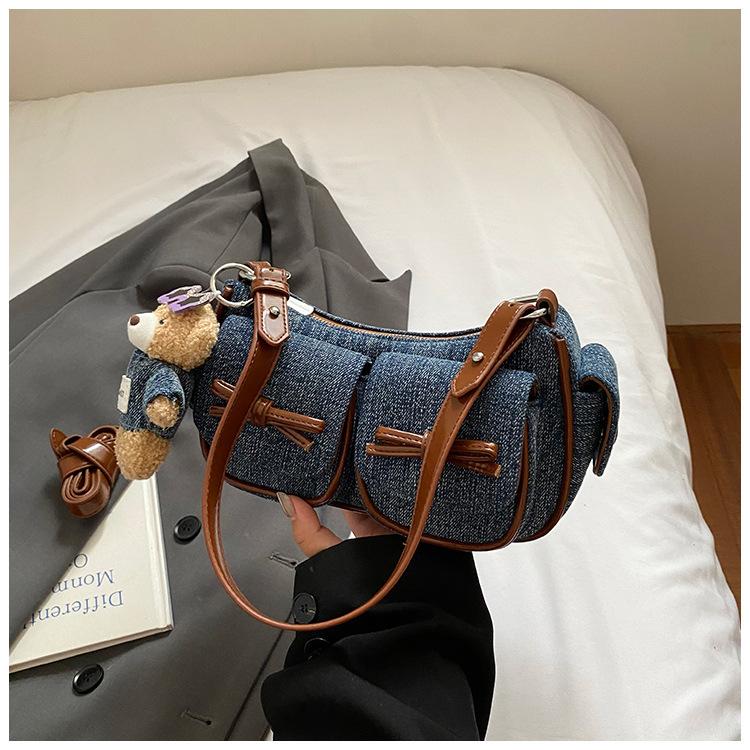 Fashion trend underarm bag women's 2025 new retro denim double pocket Boston bag shoulder messenger bag tide