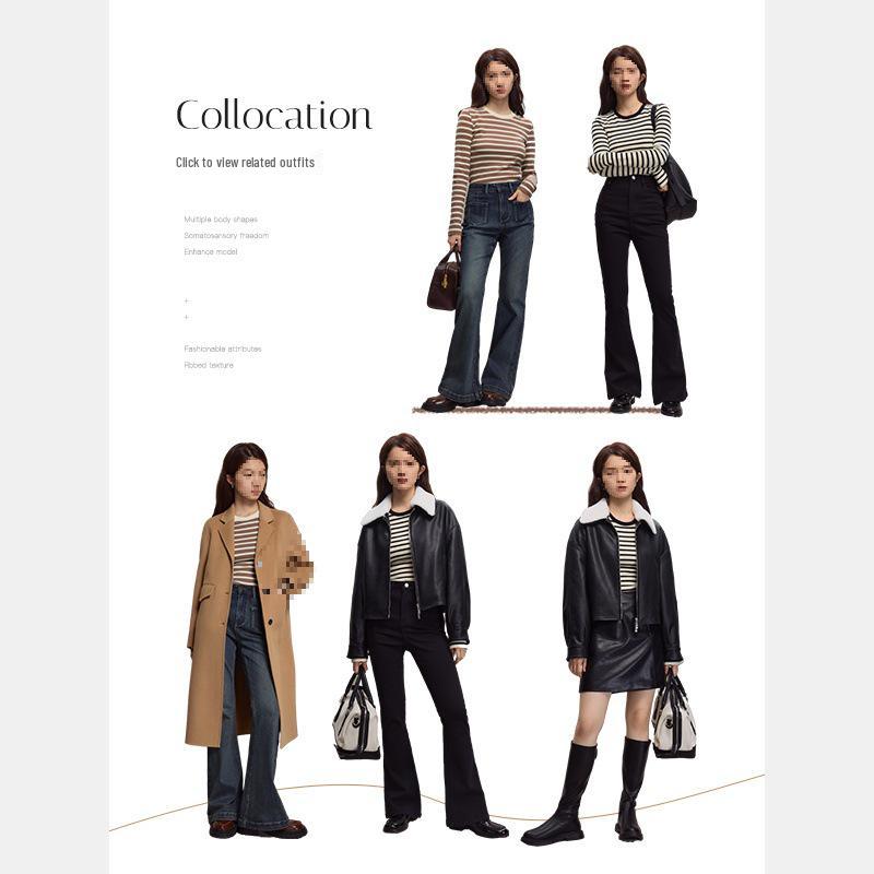 Women's Slim Fit Contrast Stripe Long Sleeve Knit Top for Autumn/Winter 2023