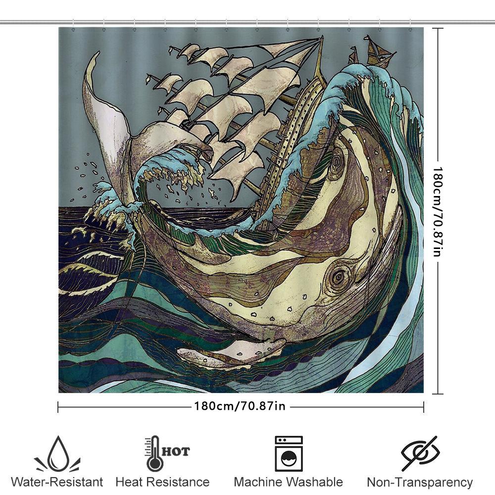 Ocean Wave Whale Pattern Shower Curtain Nautical Sea Life Decor Bathroom Backdrop Vintage Artistic Home Textile