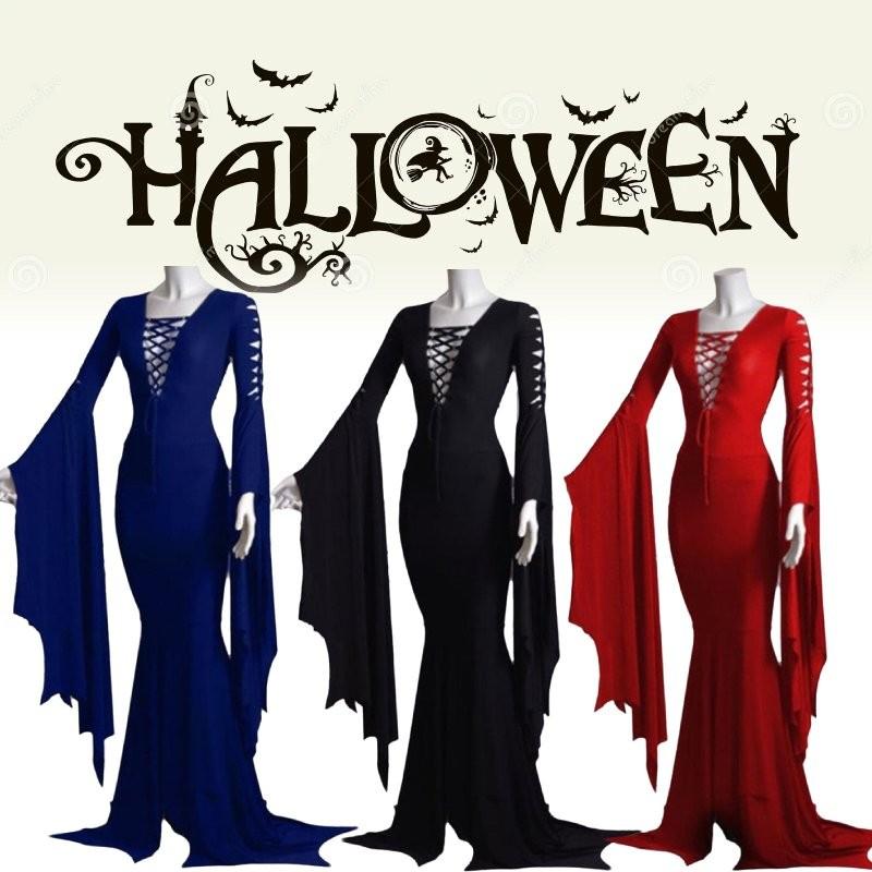 Trendy New Halloween Sexy V Neck Dress With Flare Sleeves Available In Red Black And Blue Sizes S To 5xl For A Chic Retro Look