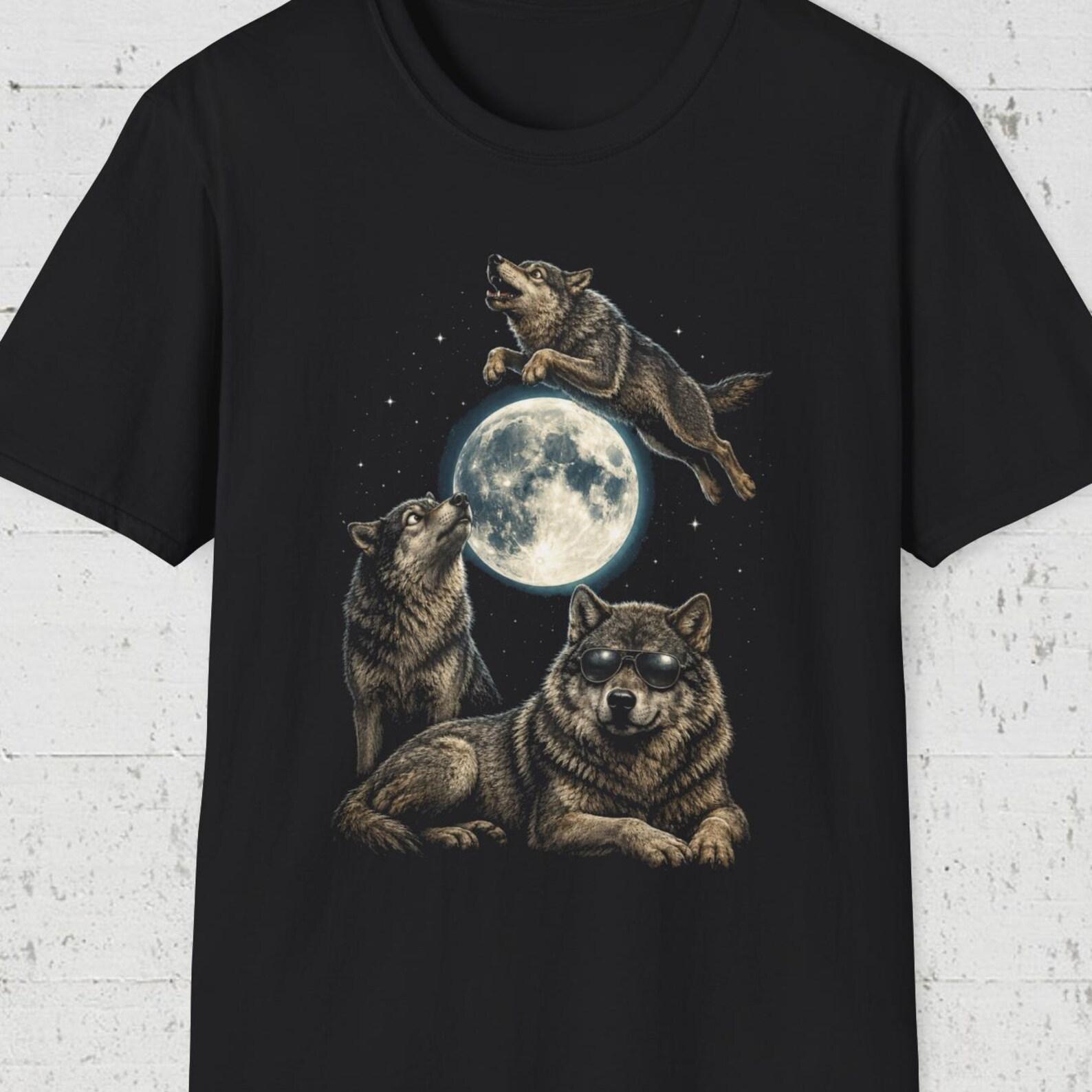 Funny Wolf Moon Shirt, Howling Wolves Tee, Cool Wolf Sunglasses Shirt, Night Sky Animal Shirt, Jumping Wolf Shirt,Weird Animal Humor T shirt 2XL