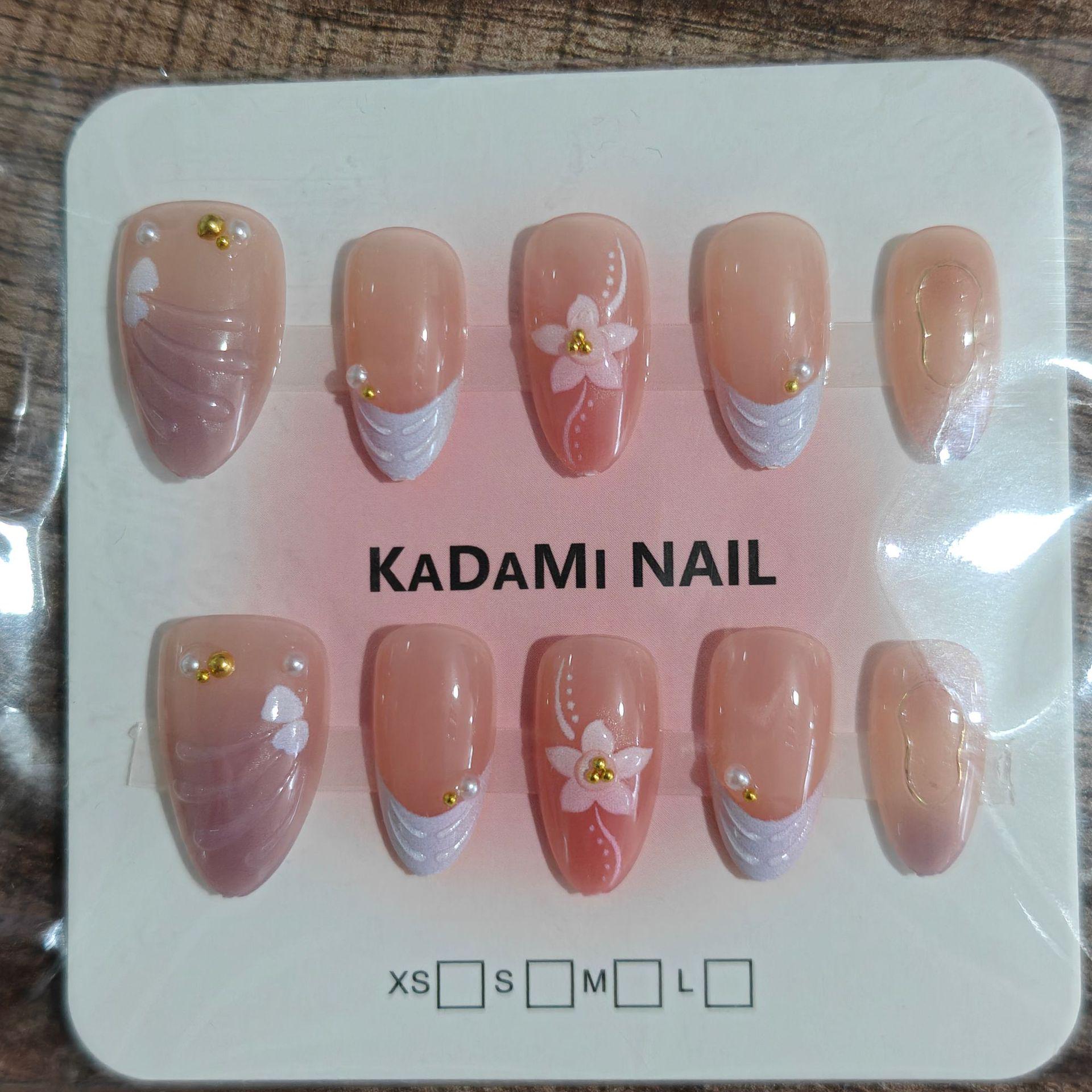 High-End Pink & White Short Almond Nails: 3D Mermaid Floral Art